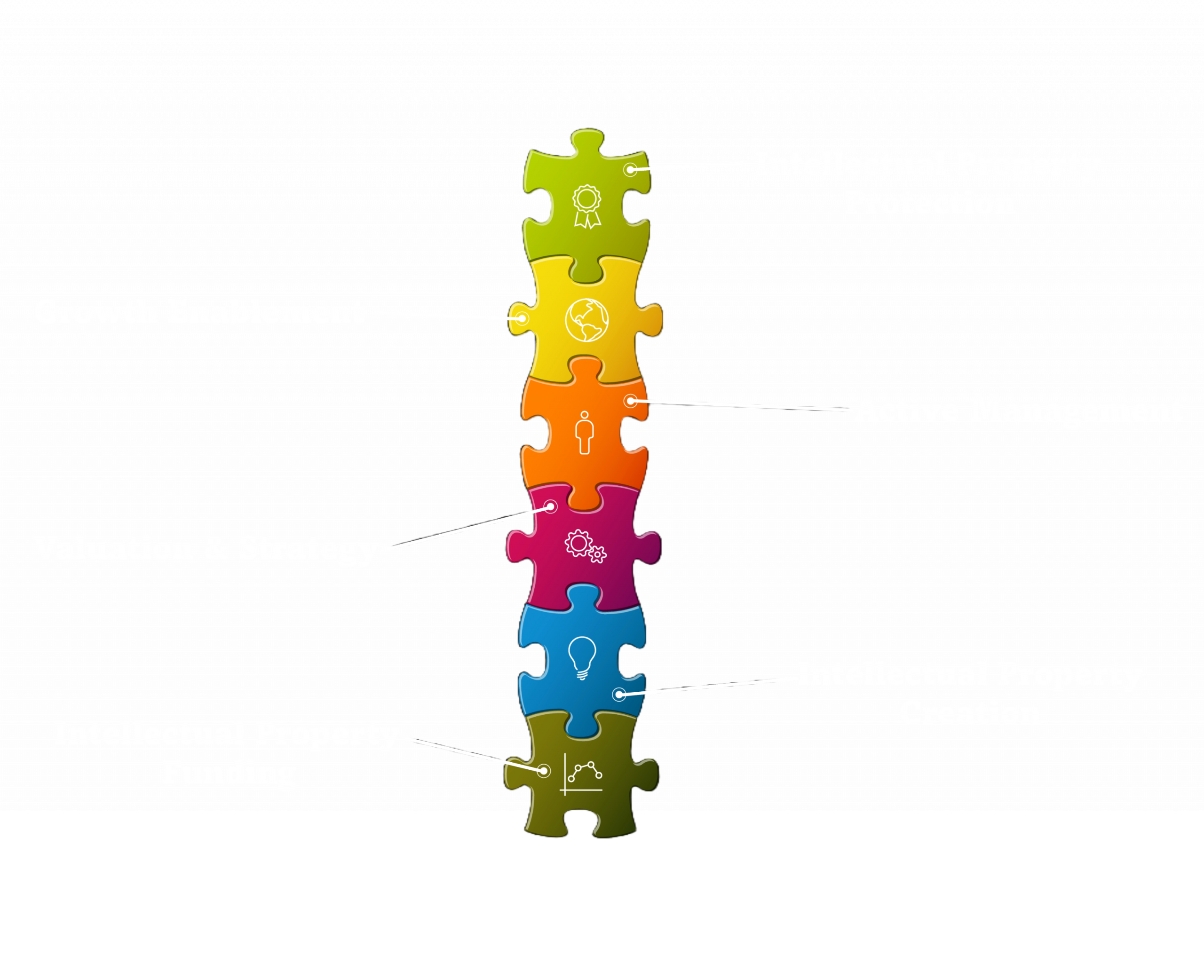 Infographic showing six puzzle pieces labeled IP Funding, IP Creation, Valuation & Strategy, Active Management, Growth Enablement, and IP Protection.